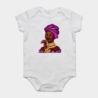 Queen side eye Black is beautiful black girl with Gold bangles, neck ring necklace, purple dress and head wrap, brown eyes and dark brown skin ! Baby Bodysuit